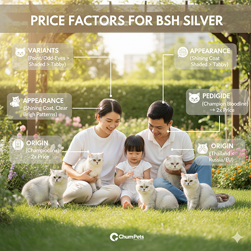 Các yếu tố ảnh hưởng đến giá mèo Anh lông ngắn silver như biến thể, ngoại hình, giấy tờ và nguồn gốc