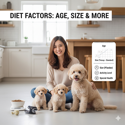 Các yếu tố ảnh hưởng đến khẩu phần ăn của chó Poodle – độ tuổi, kích thước, mức vận động và tình trạng sức khỏe đặc biệt.