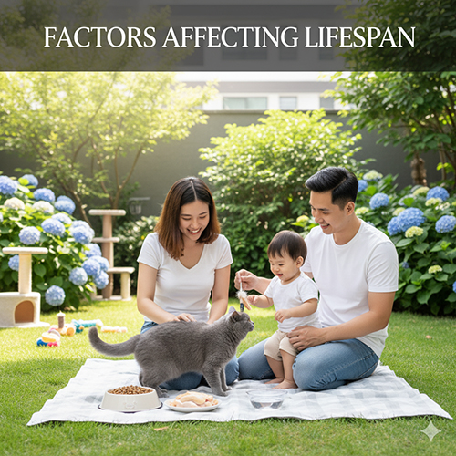 Các yếu tố ảnh hưởng đến tuổi thọ mèo Anh lông ngắn gồm di truyền, dinh dưỡng, môi trường sống, chăm sóc thú y và vận động