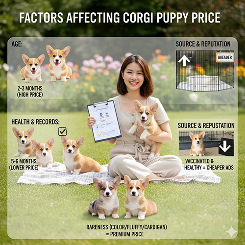 Các yếu tố ảnh hưởng giá Corgi con: độ tuổi, sức khỏe – hồ sơ tiêm, nguồn gốc trại uy tín và độ hiếm về màu hoặc dòng Cardigan