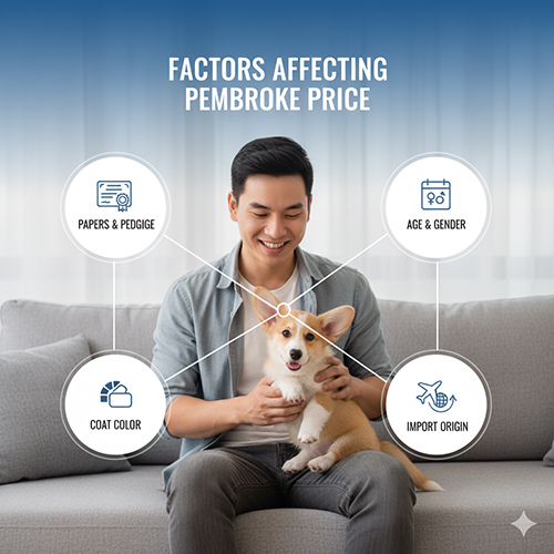 Người đàn ông trẻ ôm chó Corgi Pembroke trên ghế sofa, minh họa các yếu tố ảnh hưởng đến giá như giấy tờ, tuổi, màu lông, nguồn gốc nhập khẩu