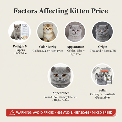 Infographic các yếu tố ảnh hưởng giá mèo Anh lông ngắn con: phả hệ/giấy tờ, độ hiếm màu (golden, lilac), ngoại hình (mặt tròn má phúng), xuất xứ (Thái, Nga/Âu), nơi bán (trại uy tín vs rao vặt); cảnh báo tránh giá dưới 6 triệu