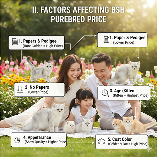 Gia đình chơi cùng nhiều mèo Anh lông ngắn thuần chủng trong vườn, minh họa 5 yếu tố ảnh hưởng đến giá: giấy tờ, không giấy, độ tuổi, ngoại hình, màu lông.