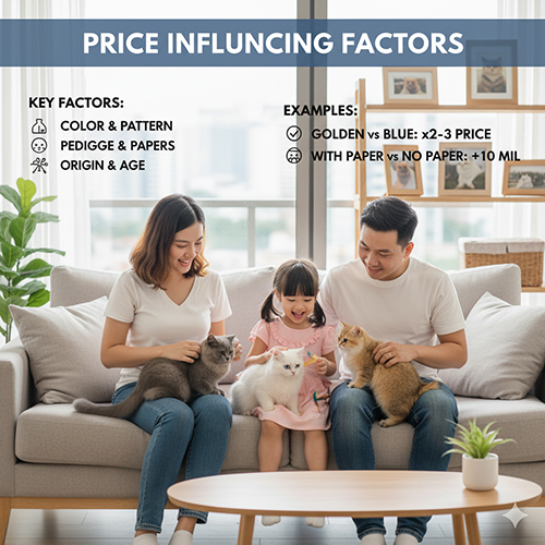 nfographic yếu tố ảnh hưởng giá mèo Anh lông ngắn 2025; gia đình ngồi trên sofa chơi với mèo con, kèm tiêu đề và ví dụ chênh lệch giá