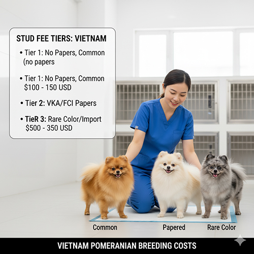 Nhân viên thú y chăm sóc ba chú chó Phốc Sóc màu nâu, trắng và xám merle, minh họa các yếu tố ảnh hưởng đến giá phối giống tại Việt Nam.