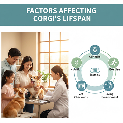 Bác sĩ thú y kiểm tra sức khỏe cho chó Corgi, minh họa các yếu tố ảnh hưởng tuổi thọ