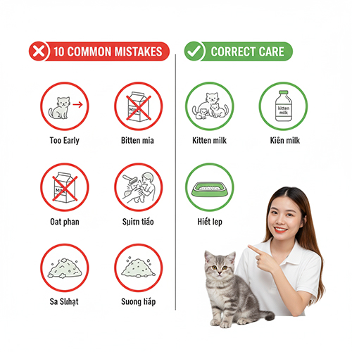 Cô gái chỉ vào bảng minh họa 10 lỗi phổ biến khi nuôi mèo Anh lông ngắn con và cách chăm sóc đúng, bên cạnh là mèo con ngồi ngoan