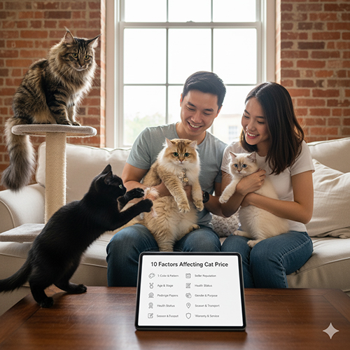 Gia đình trẻ bên nhiều mèo, cầm máy tính bảng hiển thị “10 Factors Affecting Cat Price”, bối cảnh phòng gạch đỏ – minh họa các yếu tố ảnh hưởng giá mèo