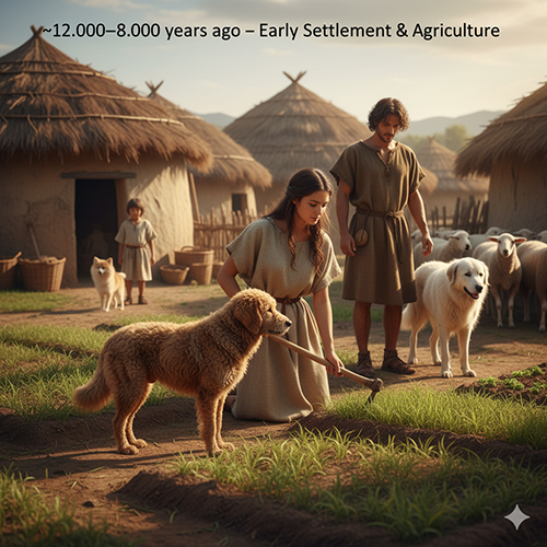 Người cổ đại canh tác với chó đứng bên trông giữ và chăn dắt.