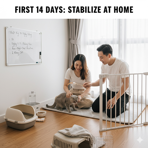 Hướng dẫn chăm sóc mèo con 14 ngày đầu sau khi nhận để ổn định sức khỏe và thói quen.
