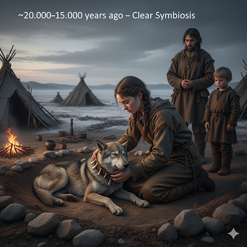 Người tiền sử vuốt ve chú chó đầu tiên trong khu trại săn cổ.