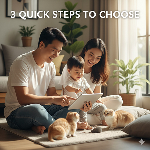 Gia đình xem hướng dẫn chọn mèo cảnh trên máy tính bảng, minh họa quy trình 3 bước chọn nhanh theo đặc trưng mini, đẹp, chân ngắn, tai cụp, lông ngắn.