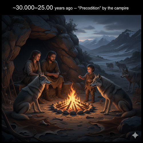 Người tiền sử ngồi bên bếp lửa cùng những con sói đầu tiên tiến gần con người.