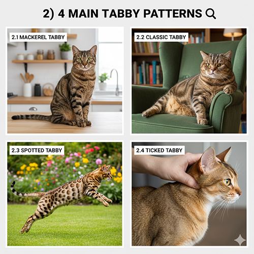 Hình ảnh minh họa 4 kiểu hoa văn mèo tabby gồm mackerel, classic, spotted và ticked