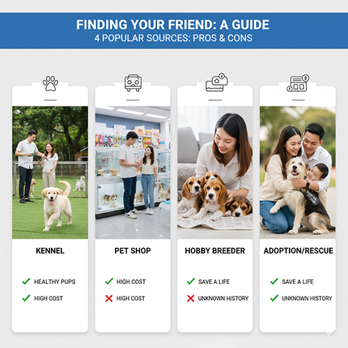 Bốn hình minh họa các nguồn mua chó phổ biến gồm trại chó, cửa hàng thú cưng, người nuôi sinh sản nhỏ và trung tâm nhận nuôi, thể hiện ưu nhược điểm từng lựa chọn.