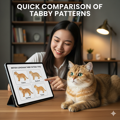 4 kiểu pattern tabby tiêu chuẩn ở mèo Anh lông dài: classic, mackerel, spotted và ticked