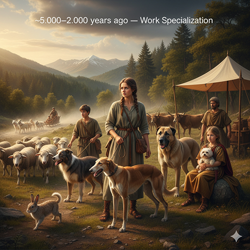 Nhóm người cổ đại cùng nhiều giống chó thực hiện các nhiệm vụ khác nhau.