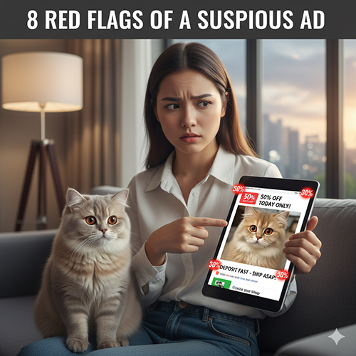 Cô gái cầm máy tính bảng hiển thị quảng cáo mèo Anh giảm giá 50%, biểu cảm nghi ngờ, minh họa cho bài viết 8 dấu hiệu đỏ của tin rao đáng ngờ khi mua mèo Anh online