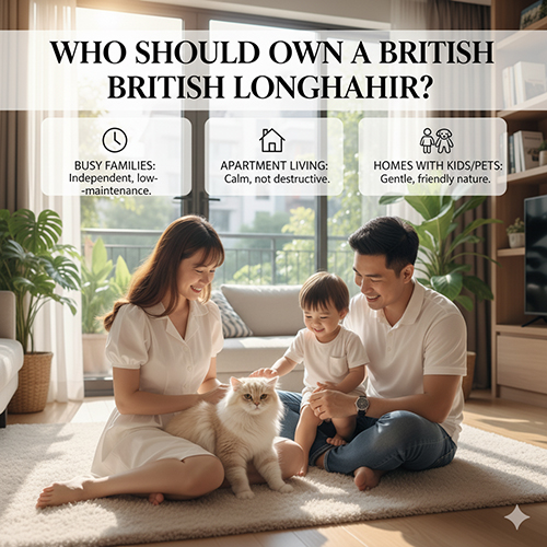 Gia đình trẻ Việt Nam vui đùa với mèo Anh lông dài trong phòng khách, minh họa sự thân thiện và dễ nuôi của giống mèo này với trẻ nhỏ và người bận rộn