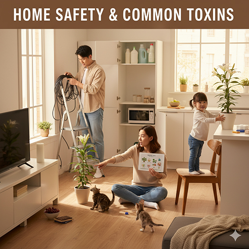 Gia đình loại bỏ nguy cơ trong nhà cho mèo con: dây điện, cây độc, hóa chất, cửa sổ/ban công và đồ nhỏ dễ nuốt