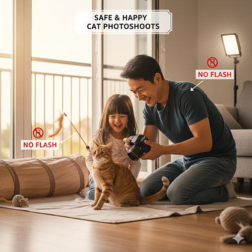 Người cha và con gái chụp ảnh mèo cam trong phòng khách sáng sủa, không dùng flash, tạo không khí vui vẻ và an toàn cho mèo