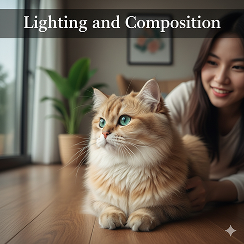 Mèo Anh lông vàng golden được chụp bằng ánh sáng cửa sổ hắt bên, đôi mắt xanh phản sáng nhẹ, phía sau là cô gái mỉm cười trong phòng sáng tự nhiên.