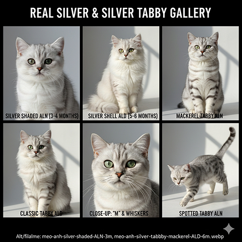 Bộ sưu tập sáu ảnh mèo Anh silver và silver tabby gồm silver shaded, silver shell, mackerel tabby, classic tabby, spotted tabby và cận cảnh mắt – ria.