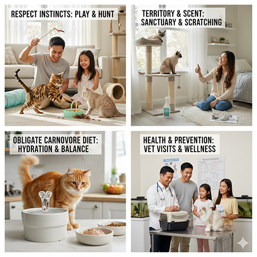 Bộ ảnh hướng dẫn người nuôi mèo hiện đại: chơi mô phỏng săn bắt, tạo không gian cào và trú, cung cấp chế độ ăn thịt cân bằng, chăm sóc lông và khám thú y định kỳ.