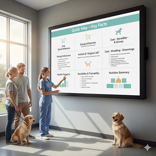 Bản đồ nhanh “Key Facts” về đặc điểm loài chó: kích cỡ, tuổi thọ, năng lượng, bản năng, bộ lông–grooming, nhạy nhiệt, xã hội–huấn luyện, sức khỏe và dinh dưỡng