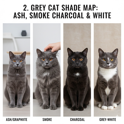 Bản đồ sắc độ mèo xám gồm xám tro, xám khói, xám rất đậm và xám pha trắng
