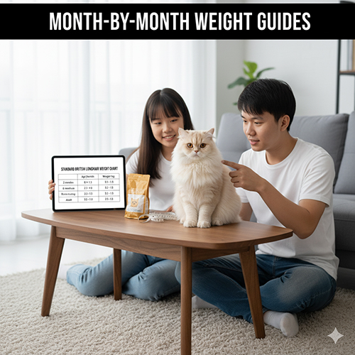 Cặp đôi trẻ cùng mèo Anh lông dài bên bàn có bảng cân nặng chuẩn theo tháng hiển thị trên máy tính bảng.