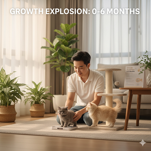 Người đàn ông trẻ ngồi cạnh hai chú mèo Anh con đang chơi trong phòng khách sáng sủa, biểu tượng cho giai đoạn bùng nổ tăng trưởng 0–6 tháng tuổi.