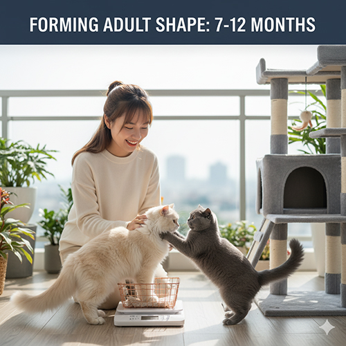 Người phụ nữ ngồi trên ban công cùng hai chú mèo Anh, một mèo đang đứng trên cân và một mèo khác đang chạm chân thân mật, cạnh trụ cào và cây xanh.