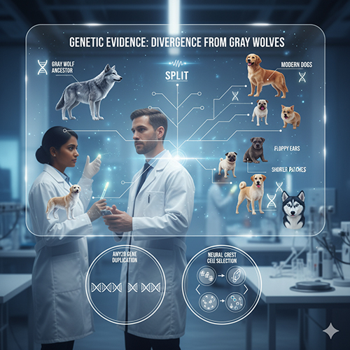 Bằng chứng di truyền: quá trình tách nhánh giữa chó và sói xám cùng hội chứng thuần hóa (domestication syndrome)