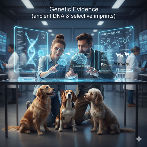 Hai nhà khoa học phân tích dữ liệu gen chó với giao diện hologram DNA.