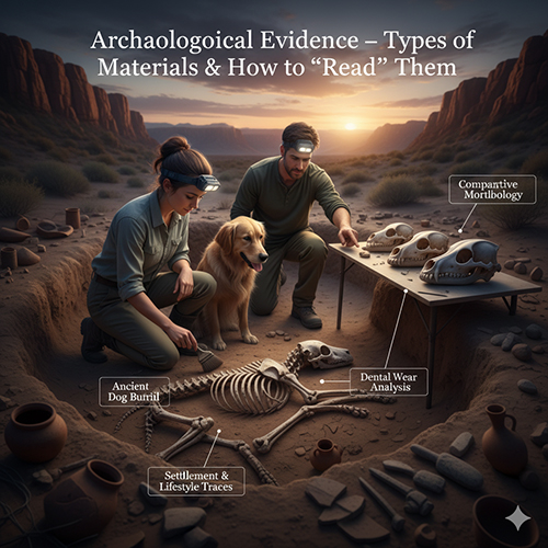 Hai nhà khảo cổ khai quật bộ xương chó cổ cùng bảng phân tích sọ – răng.