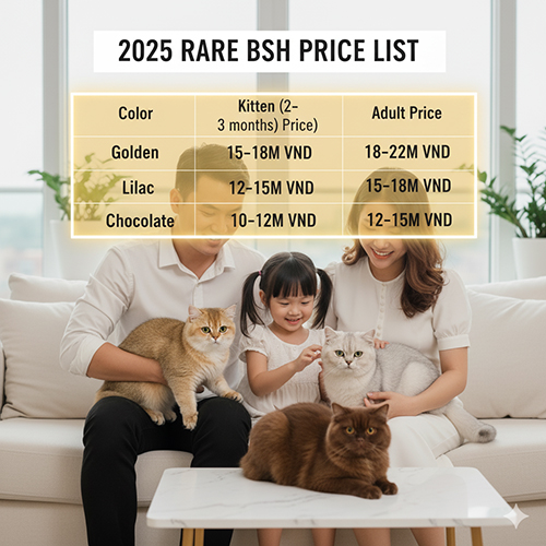 Gia đình vui đùa cùng ba mèo Anh lông dài màu Golden, Silver và Chocolate – minh họa bảng giá mèo màu hiếm 2025