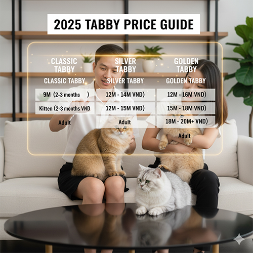 Hai người trẻ vuốt ve mèo Anh lông dài Tabby bạc và vàng trên bàn – minh họa bảng giá mèo Tabby 2025