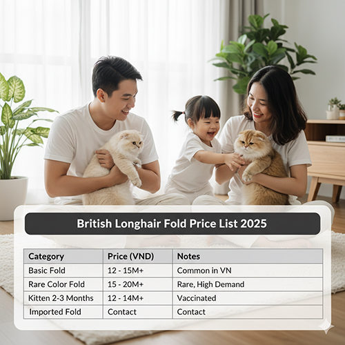 Bảng giá mèo Anh lông dài tai cụp 2025 – các mức giá theo màu lông, độ cụp tai và nguồn gốc