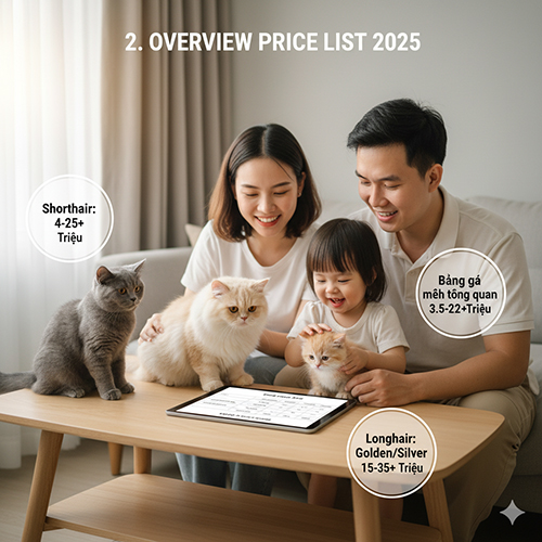 Bảng giá mèo Anh tổng quan năm 2025 gồm mèo Anh lông ngắn, lông dài, dòng golden silver và màu phổ thông