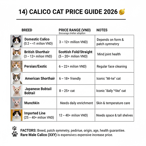 Bảng giá tham chiếu mèo tam thể calico theo giống phổ biến tại Việt Nam