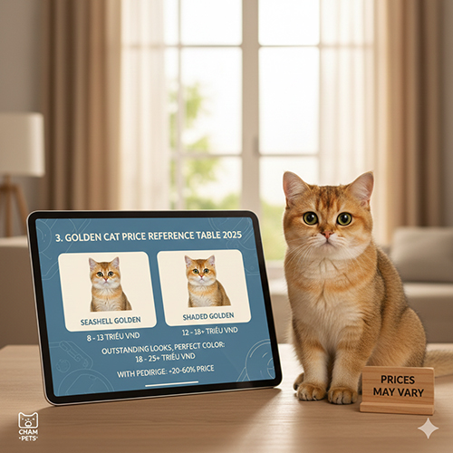 Bảng giá tham chiếu mèo Golden theo cấp độ màu vỏ sò và phủ bóng