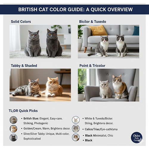 Bảng tổng hợp các nhóm màu mèo Anh gồm solid, bicolor, tuxedo, tabby, shaded, point và tricolor với hình minh họa từng nhóm màu đặc trưng