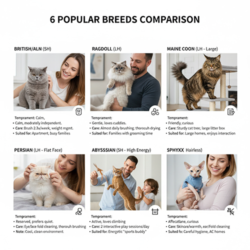 Bảng so sánh 6 giống mèo phổ biến gồm British Shorthair, Ragdoll, Maine Coon, Persian, Abyssinian và Sphynx, minh họa sự khác biệt về tính cách, chăm sóc và môi trường sống.