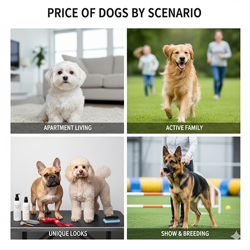 Bảng tham chiếu giá chó theo kịch bản: căn hộ, gia đình năng động, ngoại hình đặc thù, và định hướng show/breeding