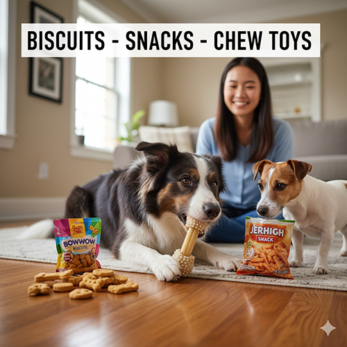 Hai chú chó đang gặm đồ nhai và ăn bánh thưởng trên sàn, phía sau là cô gái ngồi cười cùng các gói Bowwow và Jerhigh Snack.