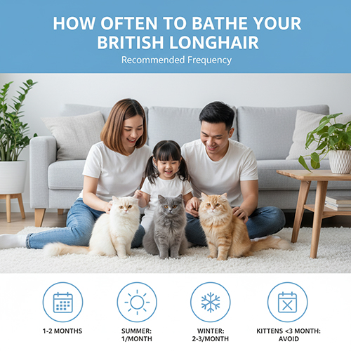 Gia đình vui vẻ bên ba mèo Anh lông dài trong phòng khách, minh họa tần suất tắm định kỳ phù hợp cho từng giai đoạn.
