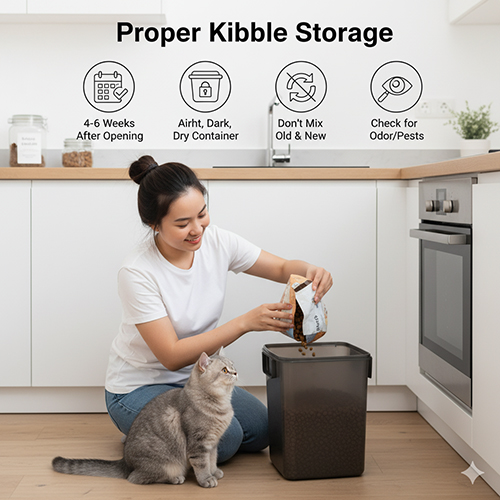 Cô gái đổ hạt cho mèo Anh lông ngắn vào thùng kín trong bếp, minh họa cách bảo quản hạt đúng cách
