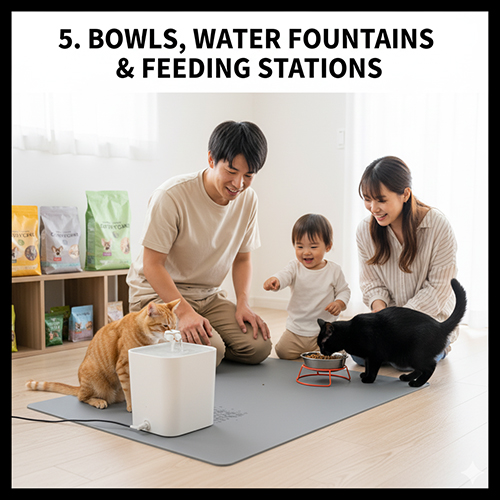 Gia đình chăm sóc hai chú mèo bên cạnh bát ăn và máy uống nước tự động, thể hiện setup trạm ăn uống sạch sẽ và khoa học cho mèo.