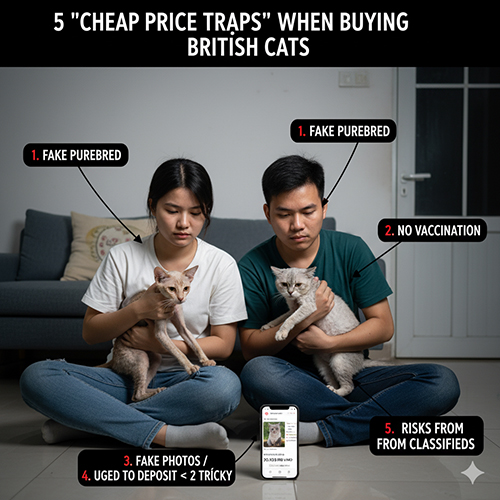 Cặp đôi trẻ cầm hai bé mèo lai trong căn phòng tối, minh họa các bẫy giá rẻ phổ biến khi mua mèo Anh trên mạng